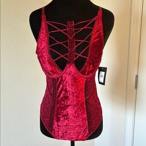 Red Lace-Up Velvet Bodysuit